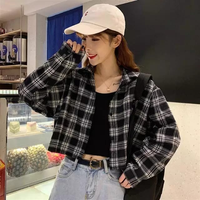 Ken Grosir Tartan Crop - Baju Kemeja Wanita crop