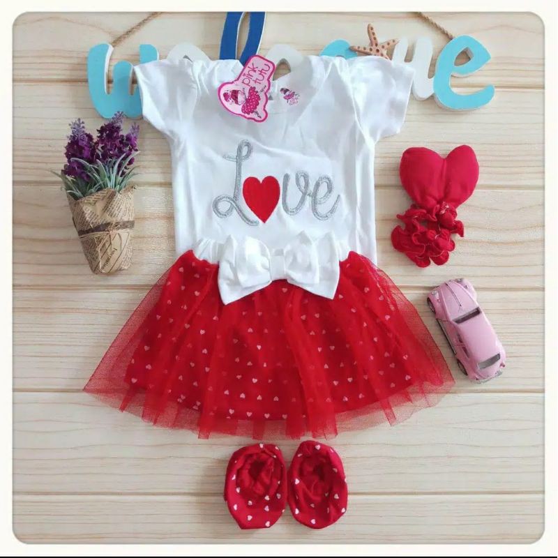 Baju Bayi Perempuan Setelan Jumper rok tutu ROSELOVE free bandana dan sepatu Anak cewek