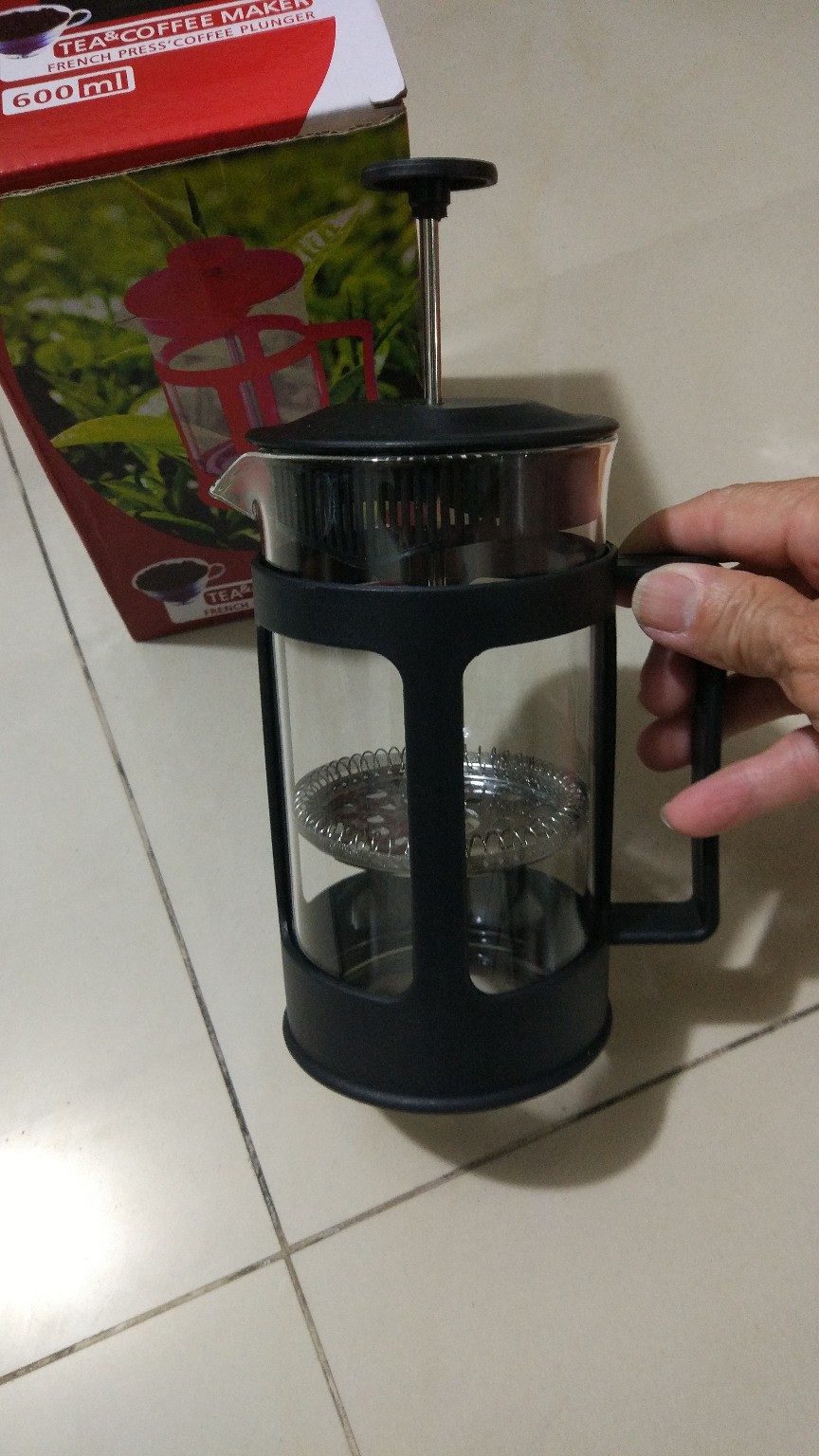 French Press Coffee Maker Pot Bean Pattern [hitam] [600ml]