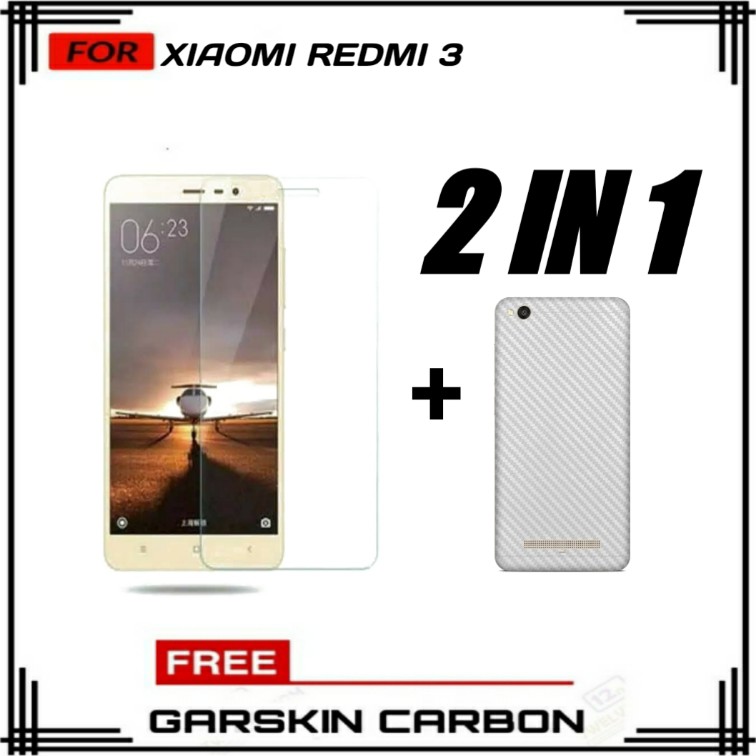 PROMO TEMPERED GLASS XIAOMI REDMI 3 FREE GARSKIN CARBON PREMIUM ANTI BEKAS SIDIK JARI