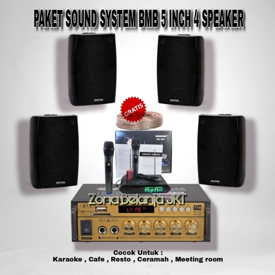 PAKET SOUND SPEAKER BMB 5 INCH KG 511 4 SPEAKER CAFE RESTO KLINIK PANGGILAN AMPLI USB BLUETOOTH MIC WIRELESS (Mini 4)