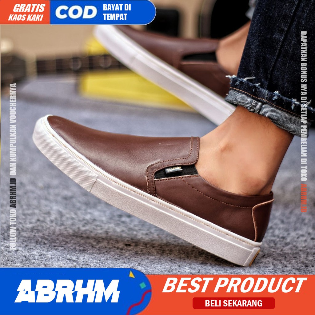 ABRHM- MORI Sepatu Slip On pria Sepatu Casual Pria Sepatu Pria Casual Kulit Asli Cowo/Cowok Ori Sepatu Kasual Sneakers Kets Gaya Santai Keren Kekinian Murah Terlaris