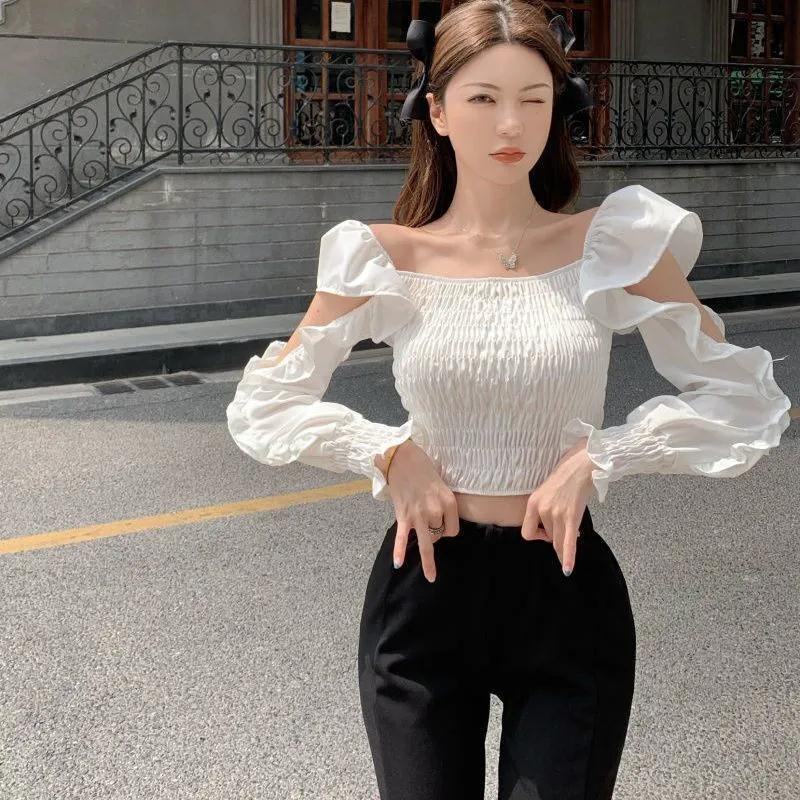 impor French square neck off-shoulder daun teratai lengan pinggang kemeja wanita Chic manis peri lip