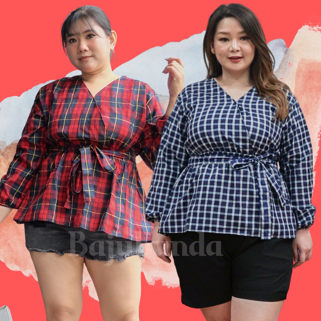 ATASAN WANITA JUMBO BLOUSE BIG SIZE LENGAN PANJANG KOTAK BAJUBUNDA TOKYO