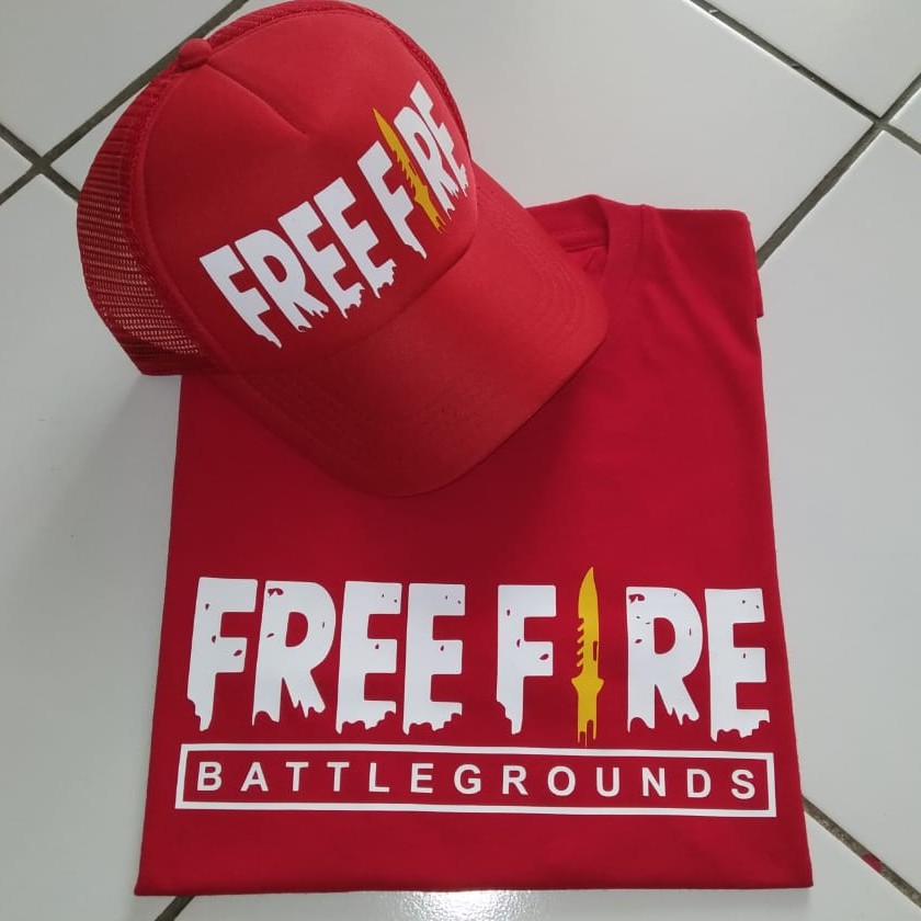 Kaos Free Fire Set Topi Merah Lengan Pendek Baju Game Free Fire Pubg Garena Freefire Booyah Distro