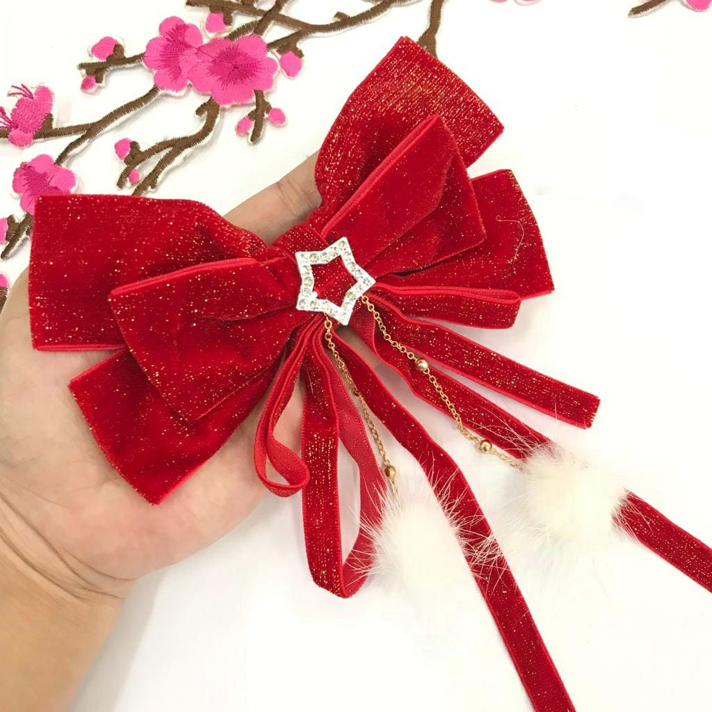 1 BUAH JEPIT IMLEK CNY BAHAN VELVET | BELUDRU GLITER HALUS + GANTUNGAN POM POM