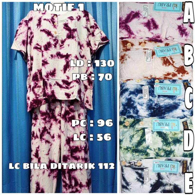 Setelan Piyama Tie Die Prabu Biru Celana Panjang Lengan Pendek Original Murah