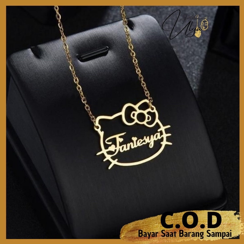 KALUNG TITANIUM LAPIS EMAS CUSTOM UKIR NAMA HURUF ANAK BAYI PEREMPUAN HELLO KITTY ASLI ANIMASI