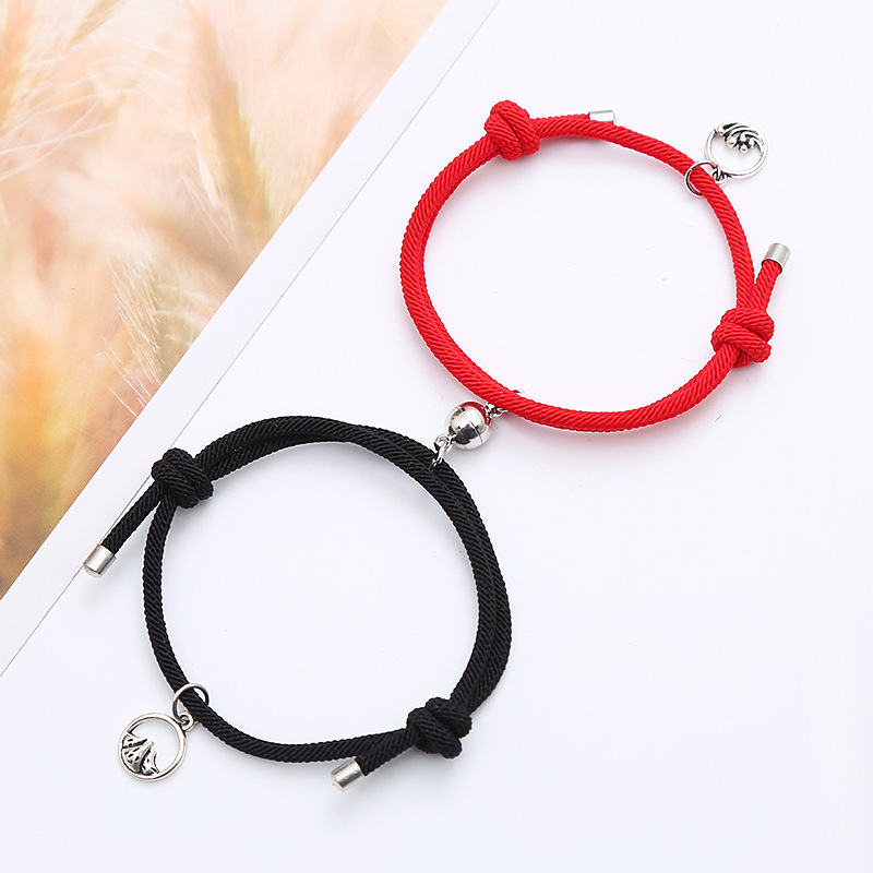 2pcs Gelang Tali Kepang Hias Manik-Manik Magnet Gaya Etnik China Dapat Disesuaikan Untuk Pasangan