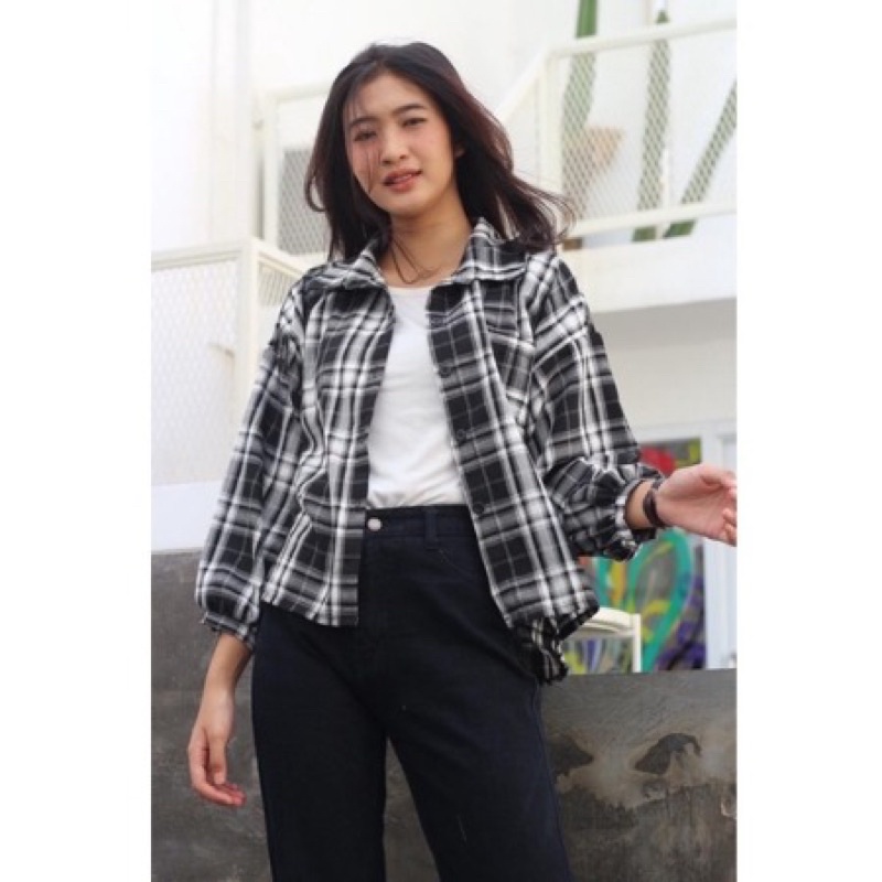 KEMEJA TARTAN CROP TOP BLOUSE | KEMEJA FEBRIC | TARTAN OUTER CROP