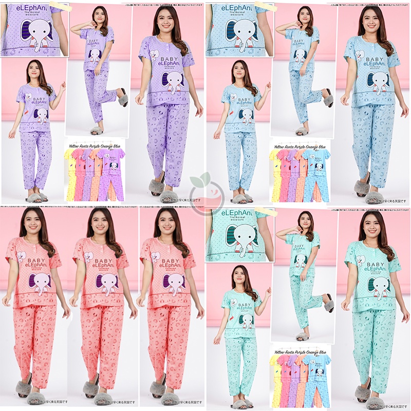 Lilipop.id  Baju Tidur Wanita CP Elephant Setelan Piyama BabyDoll Kaos Celana Panjang