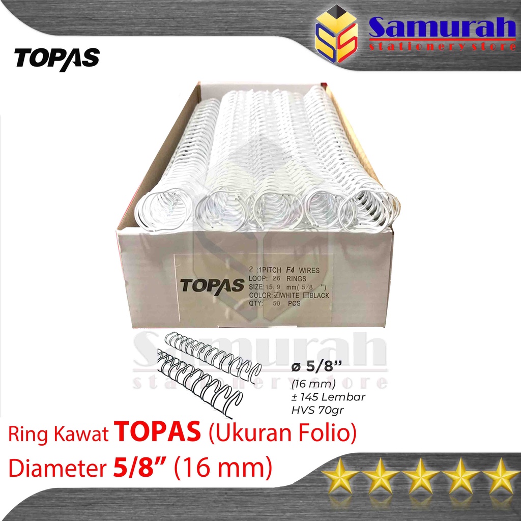 

Ring Binder Kawat Topas Ukuran Folio 5/8" Diameter 16,0 mm / 26 Wire Ring Binding 2 : 1 isi 50 Batang / 26 Lubang