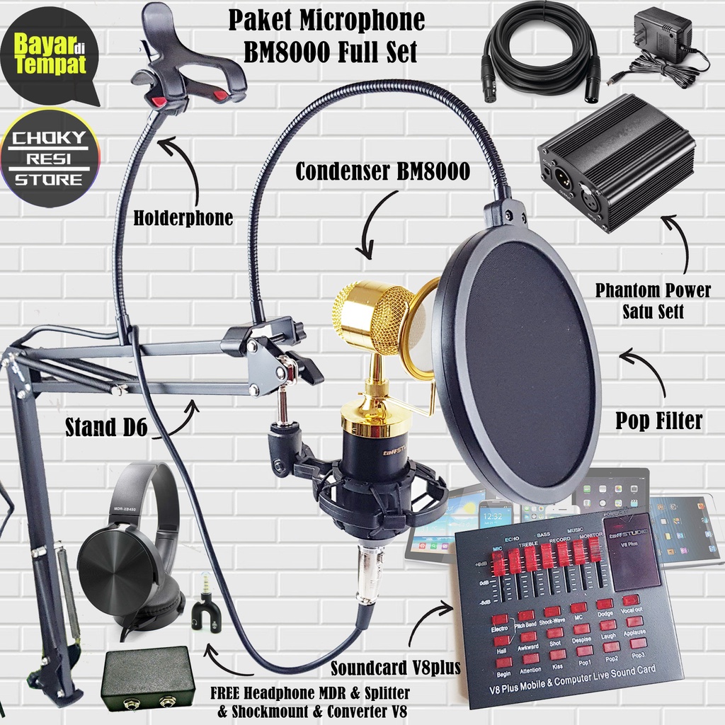 Paket Microphone BM8000 Full Set Plus Soundcard V8plus + Holderphone +
Phantom Power Kabel Xlr to Xl