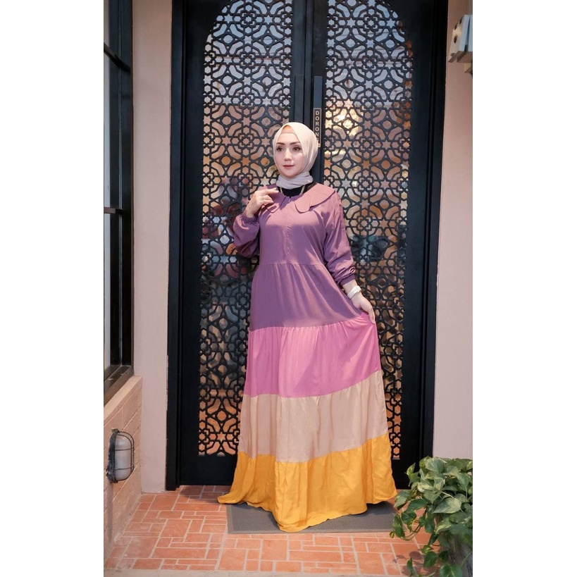 Gamis Wanita Rainbow Rayon Premium Dress Wanita Lengan Panjang Longdress Pelangi LD 110 cm