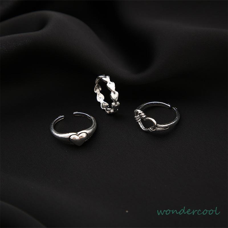 3pcs Cincin Model Terbuka Desain Gelombang Hati Warna Silver Gaya Vintage Untuk Wanita-Won