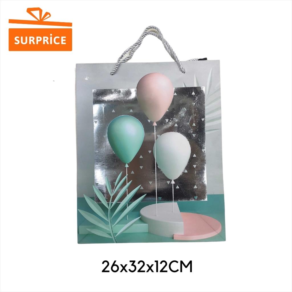 Surprice Tas Kado Tenteng 26x32x12cm /  Kantong Hadiah / Goodie Bag Ulang Tahun / Paper Bag Tas Hampers / Gift Bag-Balon Abu Ijo
