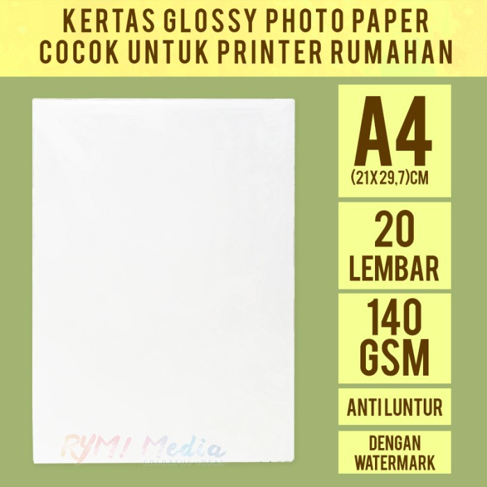 

Senikertas- Kertas Foto Glossy 140 Gsm A4 Isi 20 / Photo Paper 140 Gram Singleside -Kertas-Seni.