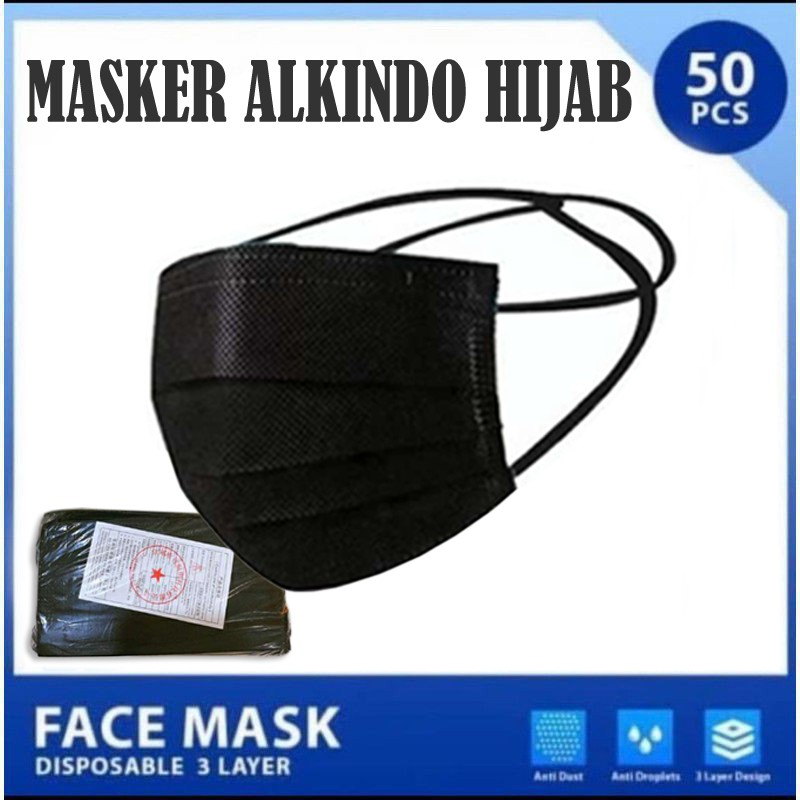 Masker Hijab Alkindo 1 Box isi 50pcs 3ply Headloop Mask Disposable Masker Mulut Daily Mask