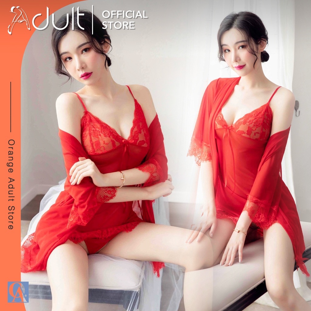 ORANGE ADULT Lingerie Seksi Baju Tidur Lace Seksi Lingerie Sexy Gaun Malam Seksi Lapisan Luar + Dalam - Merah1281