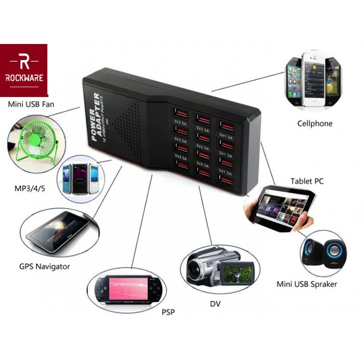 ROCKWARE W-858 - 5V 12A Smart Fast Charging 12 Ports USB Charger