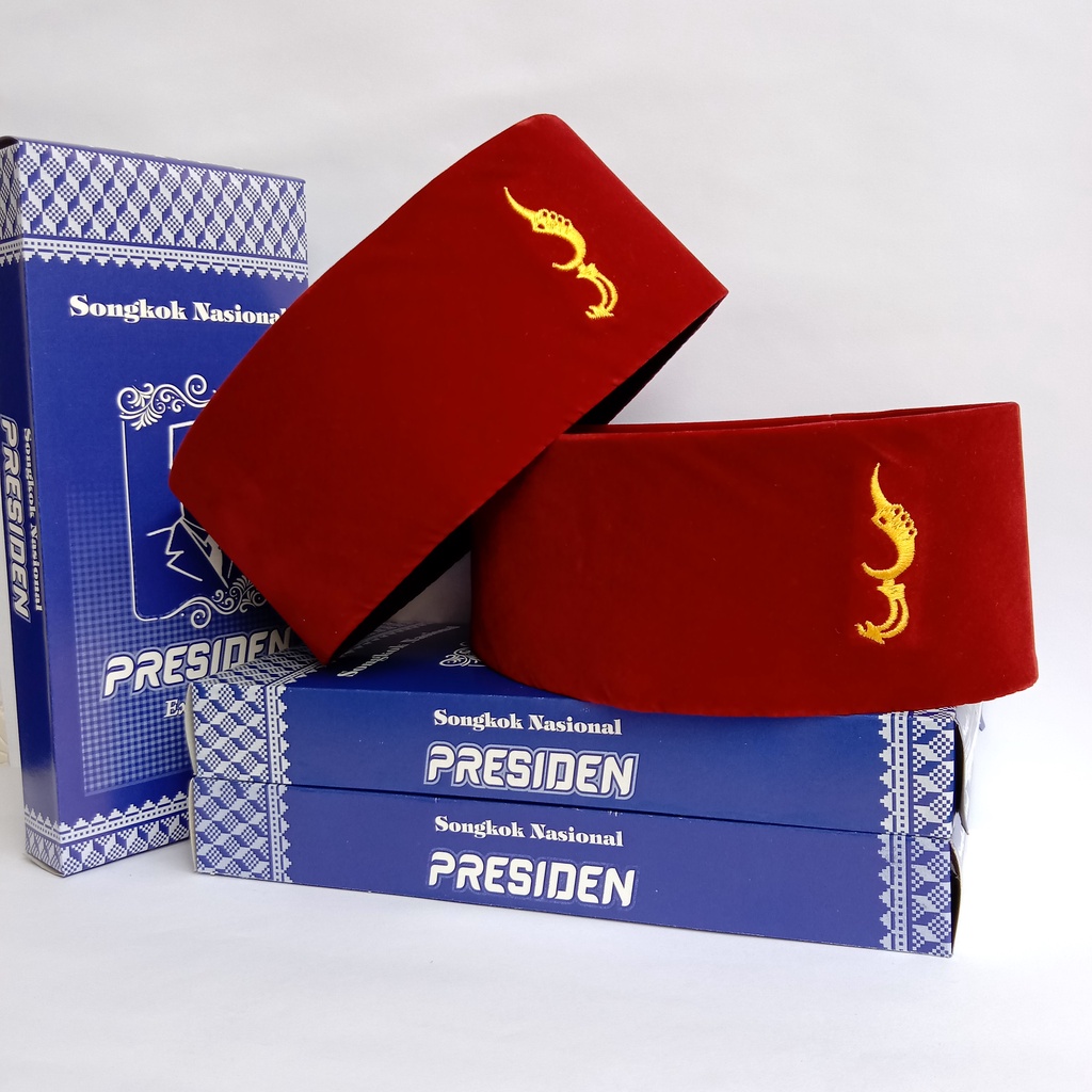 PECI SONGKOK KOPIAH POLOS MERAH MAROON BORDIR KUJANG MERK PRESIDENT BAHAN BELUDRU CONTESSA HALUS DAN
