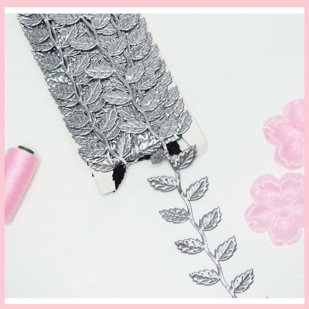Kinder Dstore [Per Roll] Renda Tangkai Daun Satin Silver Gold - Vintage Rustic Hiasan Hampers Dan
