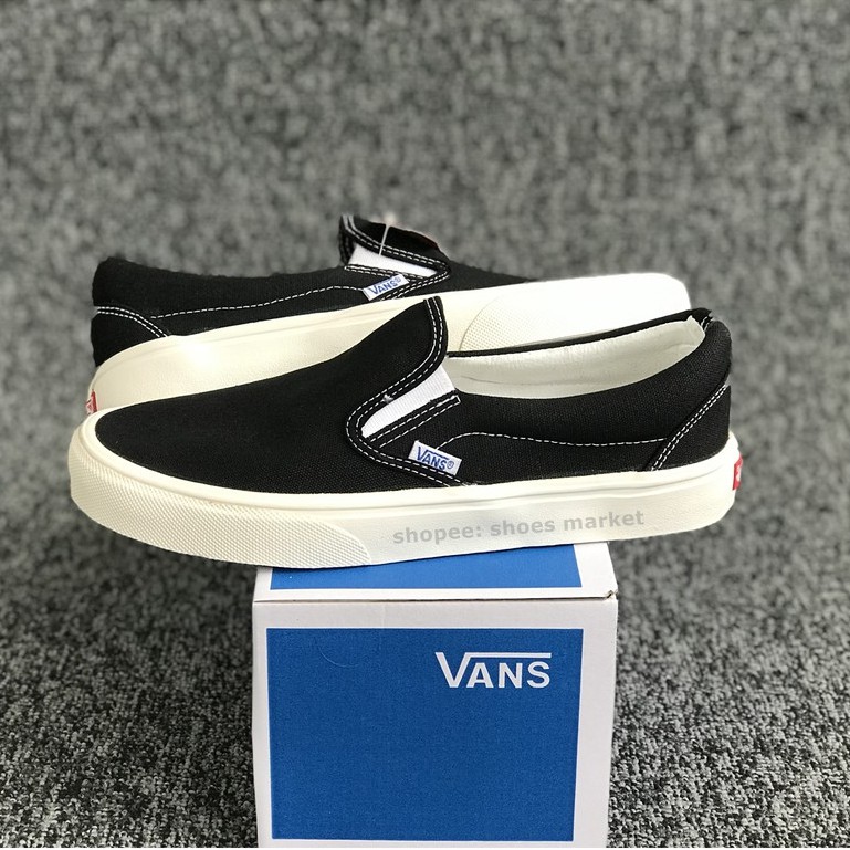 VANS SLIP ON OG BLACK WHITE WAFFLE DT BOX BIRU