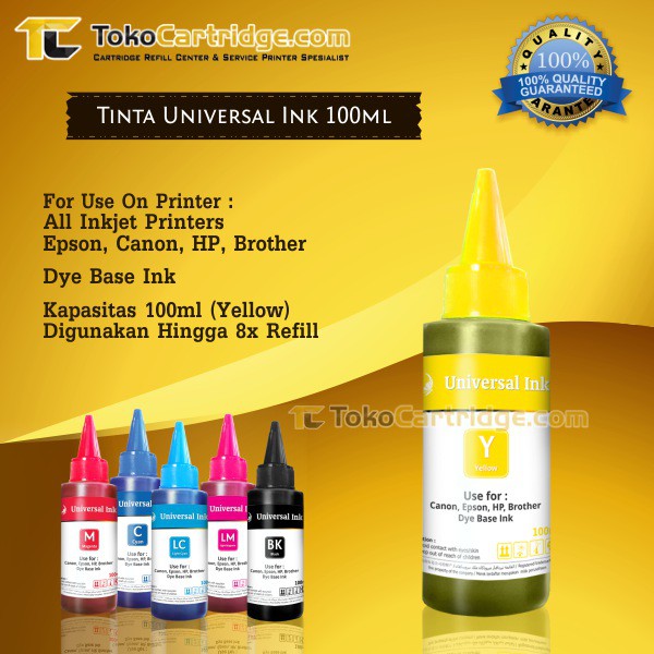 Tinta Universal Ink Yellow 100ml, Tinta Dye Base Tutup Model Kerucut