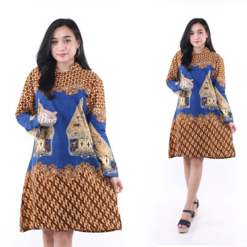 Kemeja batik Wanita Tunik Motif wayang biru