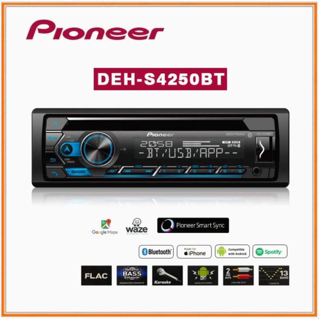 Head Unit Tape Mobil Single Din CD Pioneer DEH-S4250BT USB Depan Built in Bluetooth Smart Sync Karao