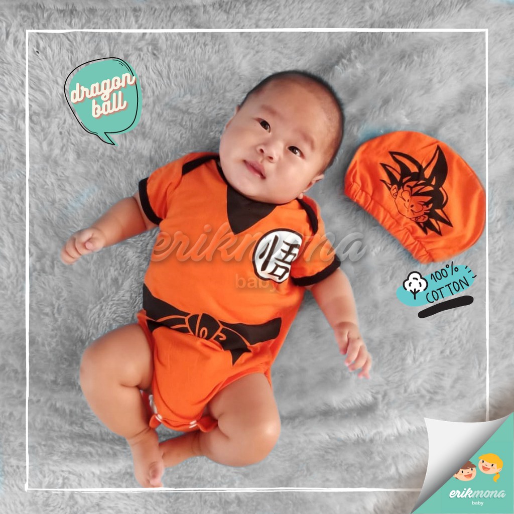 Ermon Baby - Baju Bayi Laki Laki Jumper Baby Lucu Karakter motif Dragonball + Topi usia 0 - 12 Bulan