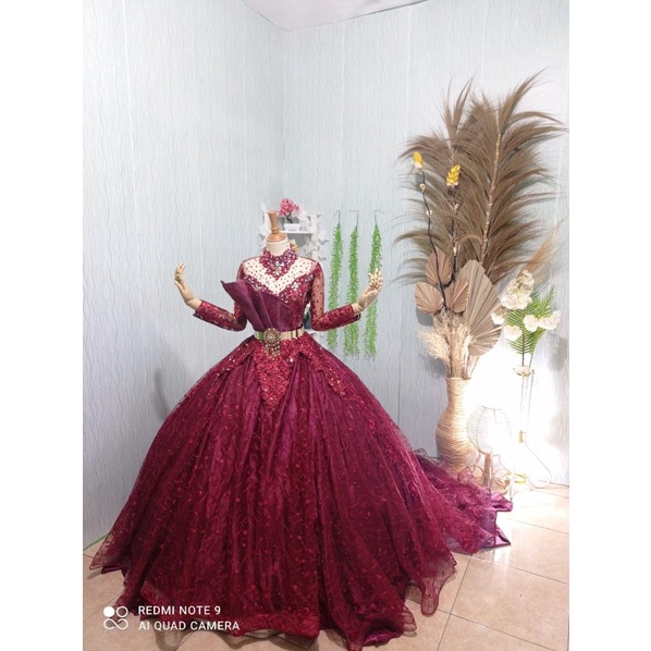 Gaun Pengantin Ekor Warna Muslimah Lengan Panjang Payet Petticoat