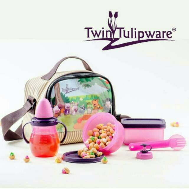 Fun Pack Tulipware Set Peralatan Makan Bayi Dot Botol Susu Kotak Nasi Sendok Garpu Tas Sling Bag