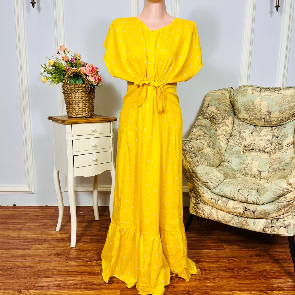 Daster Semata kaki Rayon Manohara Ruffle Busui Panjang Semata Kaki LD 120 Long Dress kekinian - Longdress semata kaki-Polkadot Yellow