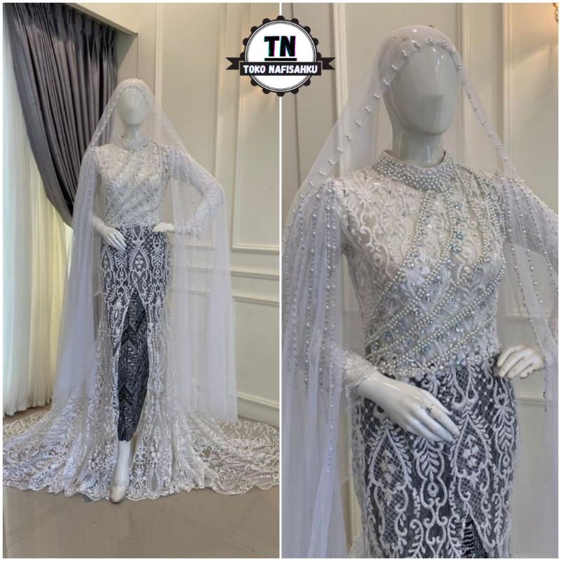 GAUN DRESS KEBAYA PENGANTIN AKAD BELAH WARNA PUTIH TULANG ( BW )