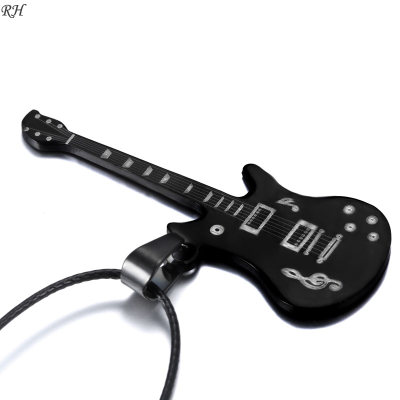 Kalung Rantai Kulit Liontin Gitar Bahan Stainless Steel Warna Hitam Untuk Pria