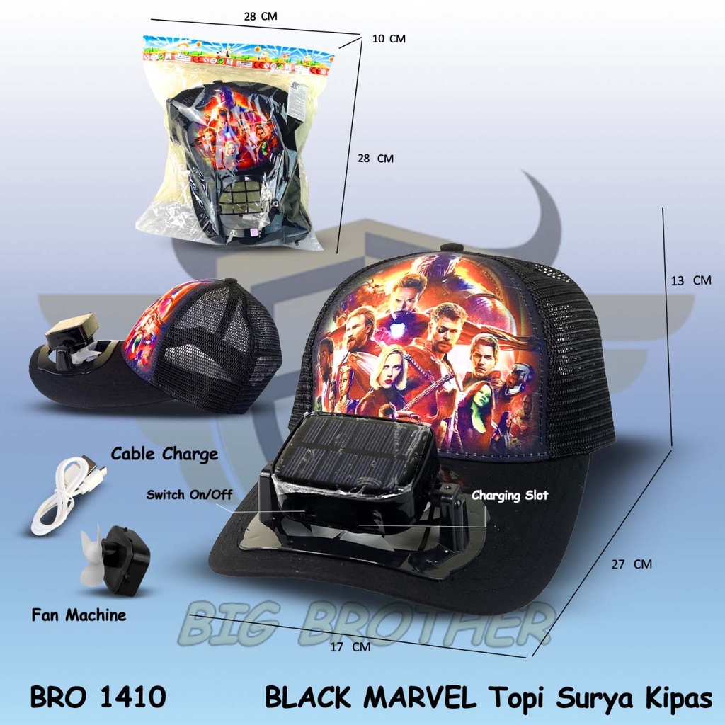 BRO1410 Hitam Topi Kipas Tenaga Matahari (Topi Anak Tenaga Surya)