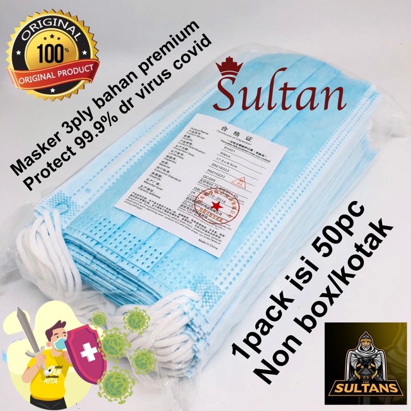 PROMO SULTAN MASKER 3PLY BIRU ORIGINAL ISI 50PCS NONBOX