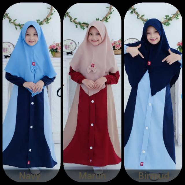 TERLARIS 3-13 Tahun Set Gamis Anak Anv Aleena polos kombinasi twotone plus jilbab wollycrepe