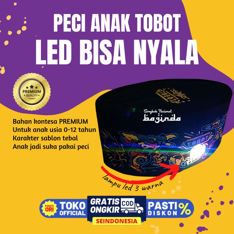 Peci LED Anak laki-laki Songkok LED Hitam Karakter kartun Tobot | SONGKOK BAGINDA