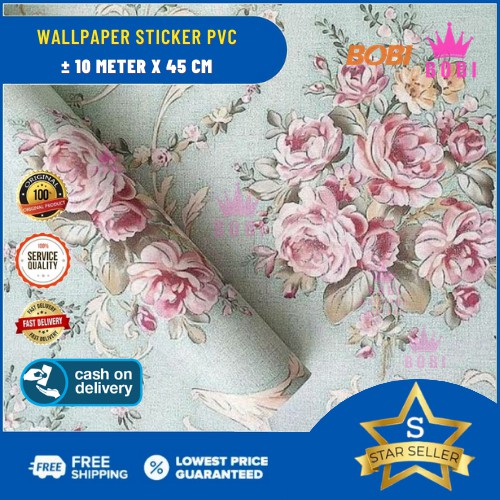 Wallpaper Sticker Motif Bunga Pink Warna Dasar Kehijauan  5250-1 Wallpaper Sticker Murah dan Berkualitas