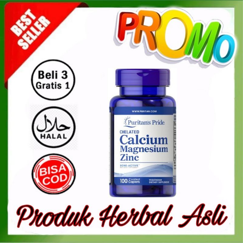 Puritan Pride Chelated Calcium Magnesium Zinc Isi 100 Caplets USA - Calcium Magnesium Zinc Original