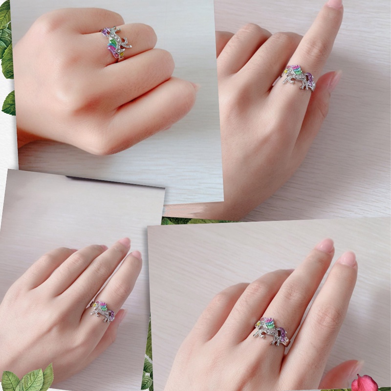 Cincin Model Terbuka Adjustable Desain Kartun Unicorn Aksen Berlian Warna Pelangi