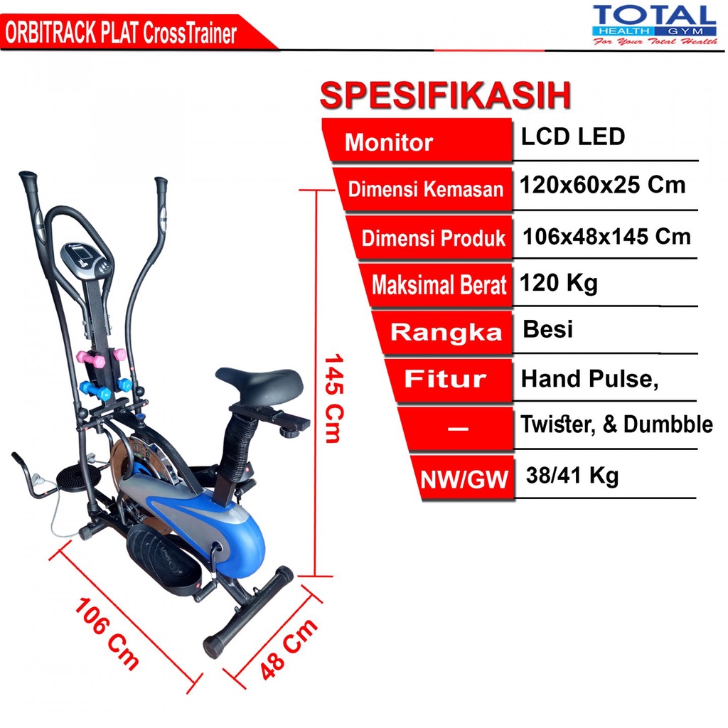 TOTAL HEALTH GYM - New Alat Olahraga Fitness Sport Gym 6 in 1 Sepeda Statis Elliptical Bike Total Static Orbitrack Plat Orbitrek