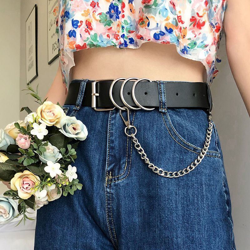 cat belt Harajuku punk ring ikat pinggang lebar hitam gesper sabuk rantai belt with chain