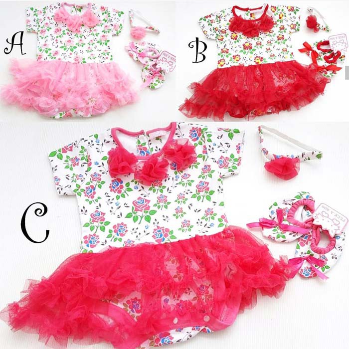 Baju Bayi Perempuan Jumper Tutu Bayi Set Bandana Sepatu Kain Triple Flower