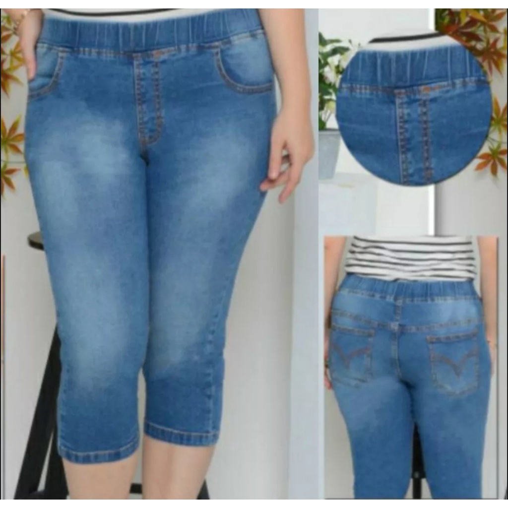 Celana Jeans Wanita 7/8 Full Pinggang karet Street Melar Halus