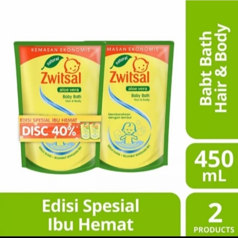 Zwitsal 450 ml natural baby bath hair and body with aloevera twin pack termurah