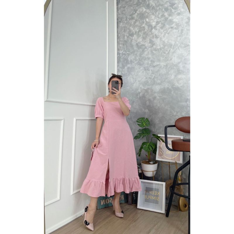 Dress Wanita Korean Dress Midi Slit Smocked Dress Slit Dress SlitDress DressWanita Dresscewek+free masker