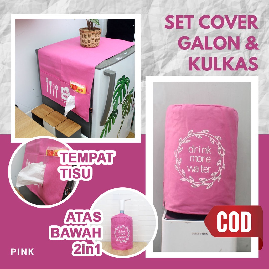 PAKET LEBIH MURAH - Cover Galon &amp; Cover Kulkas Warna Pink (Paket Polos-07)